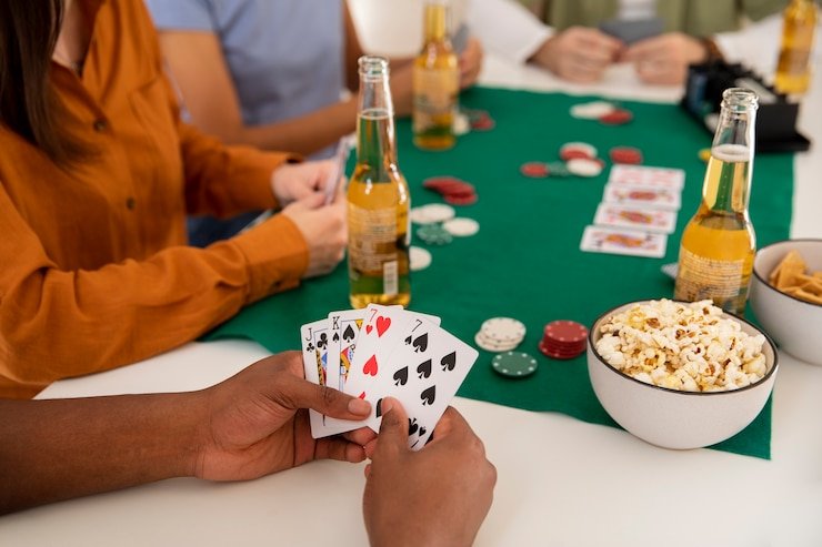 Live dealer managing a Texas Poker table on halokaslot with multiple players and community cards displayed
